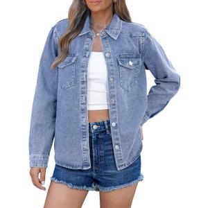 luvamia Denim Jackets for Women Trendy Long Sleeve Distressed Jean Button Down Shirts Jacket Shacket Trucker Jacket (Medium, Cody Blue)