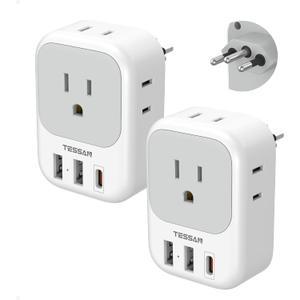 TESSAN Brazil Plug Adapter 2 Pack, 7 in 1 US to Brazil Power Adapter with 3 USB Ports (1 USB-C PD 20W Port) 4 American Outlets, Type N Travel Adaptor for USA to Brazilian