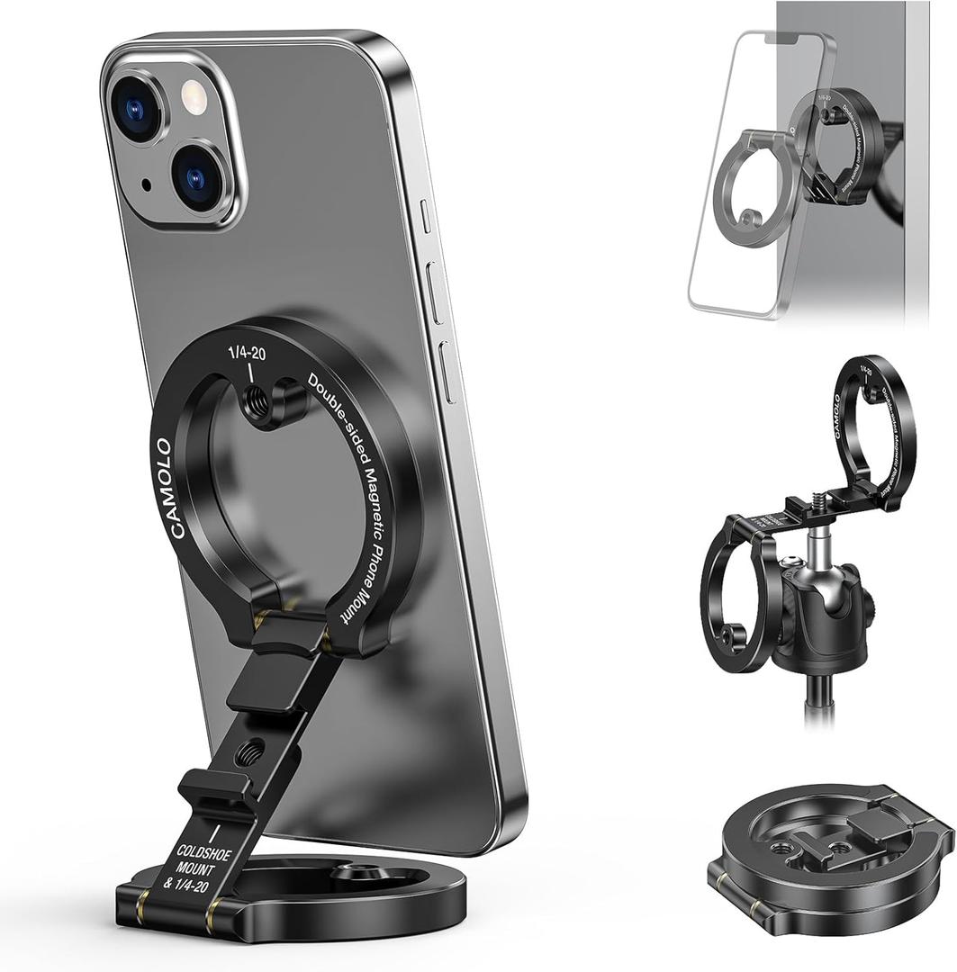 Dual Magnetic Phone Holder Compatiable with Magsafe for iPhone 16 15 14 13 12 Pro Max Plus Series, 1/4" Screw Tripod Mount, Gym Magnetic Phone Stand Travel(Black)