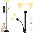 Floor Lamps for Living Room Black, 71" Tall Pole Bedroom Light, Bright Floor Lamp with Adjustable Reading Light, Simple Standing Lamp, White Plastic Lampshade, 3-Way Rotary Switch, Modern Mid-Century