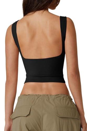 QINSEN High Neck Open Back Cropped Tops for Women Sleeveless Summer Y2K Tee Shirts Black L