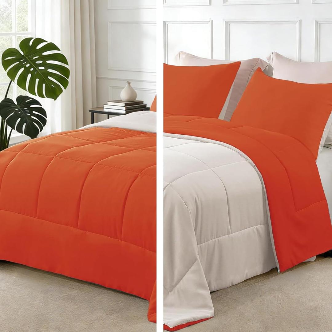 Exclusivo Mezcla Lightweight Summer Reversible King Size Comforter Set, Down Alternative Comforter with 2 Pillow Sham, King Size Bedding Set for All Seasons, Burnt Orange/Brich Beige