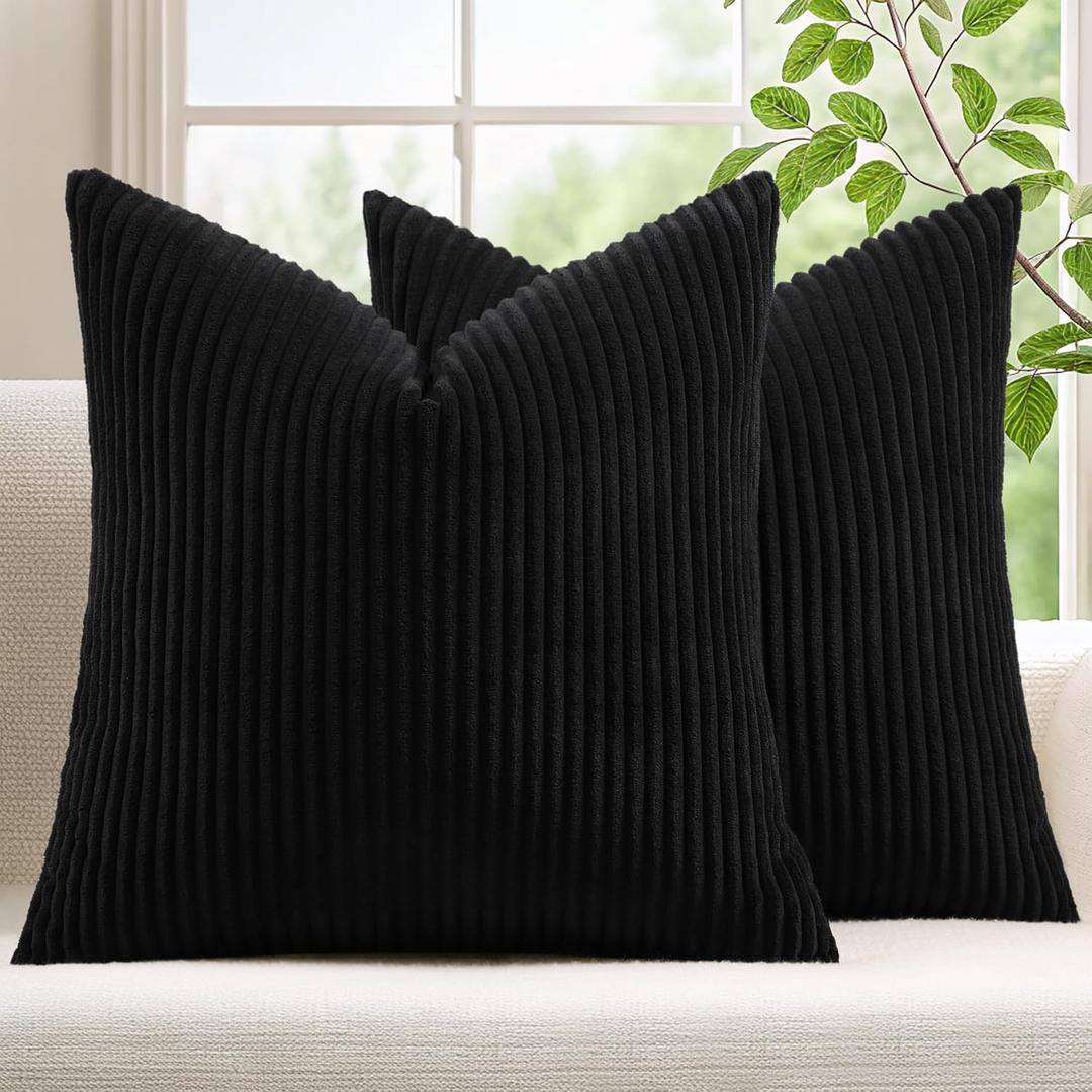 Mecatny Corduroy Decorative Throw Pillow Covers 18x18 Set of 2 for Sofa Living Room, Soft Neutral Boho Couch Pillow Covers for Home Decor, Black