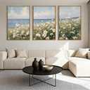 Anyzal Large Farmhouse Flower Framed Wall Art 16x24 Inch Coastal Wildflower Canvas Wall Decor Modern Landscape Painting for Living Room Bedroom Dining Room Set of 3