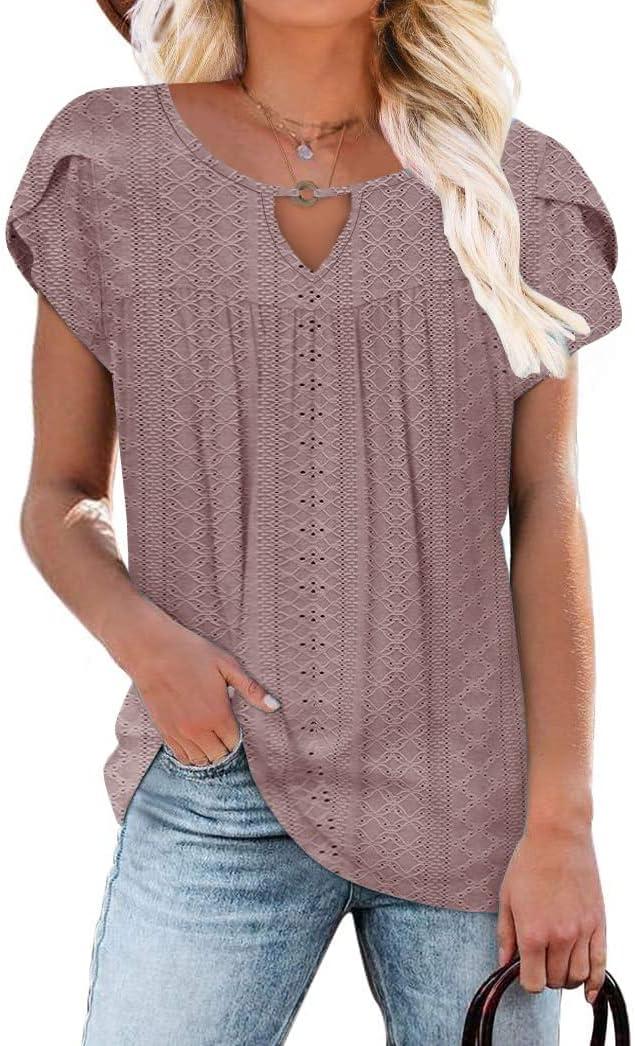 Women's Casual Dressy Short Petal Sleeve Shirts Pleated Fashion Front Key Hole Scoop Neck Floral Print Loose Fit Tops (Medium, 01-pink)