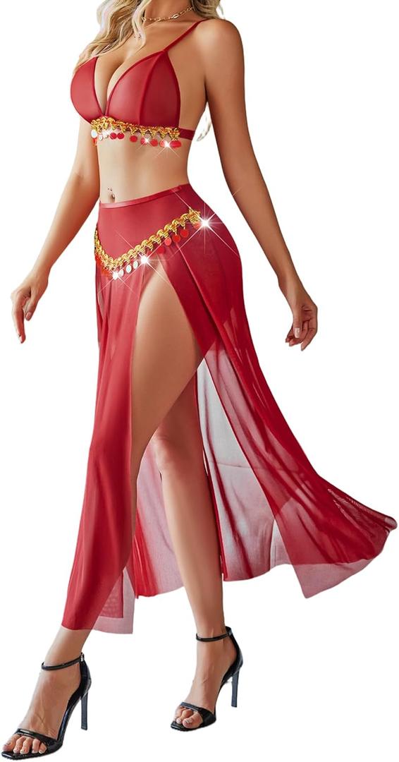 Avidlove Sexy Lingerie for Women Costumes Outfits Mesh Sheer Bra Crop Top High Waist Split Long Skirt Sets Wine Red XXL