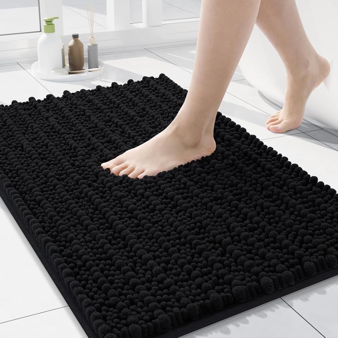 Arotive Luxury Chenille Bathroom Rug Mat, Extra Soft Thick Absorbent Shaggy Bath Rugs, Non-Slip Machine Wash Dry, Plush Bath Mats for Bathroom, Shower and Tub, 24x16, Black