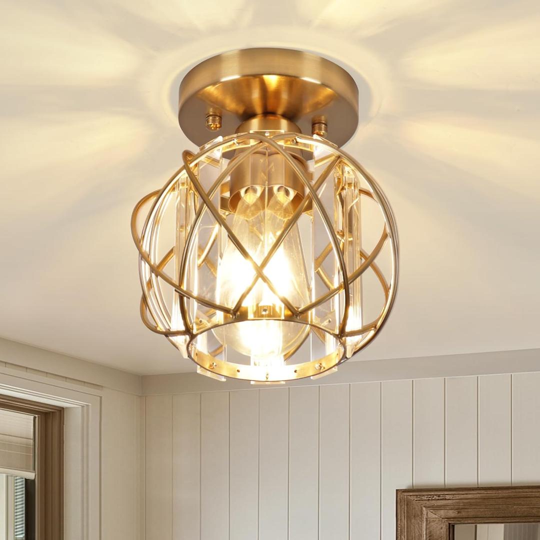 Hallway Light Fixtures Ceiling,Semi Flush Mount Ceiling Light Fixtures Gold Metal Cage Indoor Modern Ceiling Lights for Bedroom Room Hallway Bathroom Entryway Kitchen (Industrial)