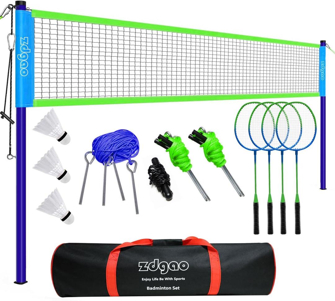 Zdgao Badminton Sets for Backyard, Portable Badminton Net with Tension Adjuster, Badminton Racket Set of 4, 3 Nylon Shuttlecocks, Boundary Line and Carry Bag for Backyard Beach Family Games
