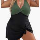 Blooming Jelly Women Plus Size Swim Dress Swimsuit One Piece Tummy Control Bathing Suits Modest Criss Cross Swim Suits, (Black Green, 3XL)