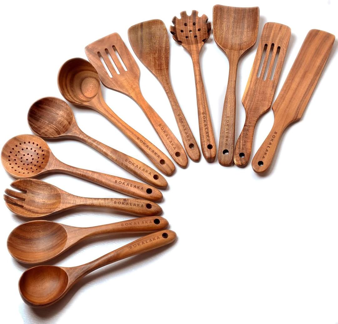 12 Pack Wooden Spoons for Cooking - Natural Teak Kitchen Utensils Set with Spatulas (4-6 Pieces)