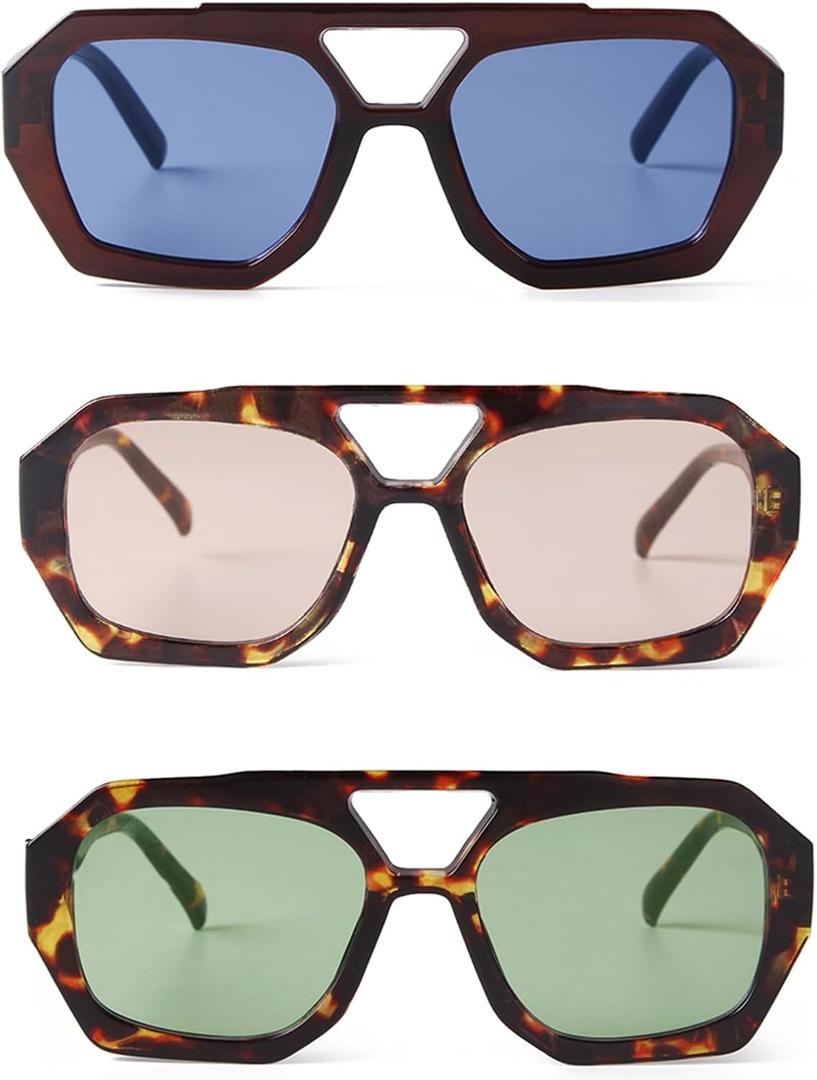Trendy Hexagonal Aviator Sunglasses Women Men Hexagon Square Plastic Thick Frame Double Bridge Designer Sun Glasses (Burgundy Blue/Tortoise Orange/Tortoise Shell Green)