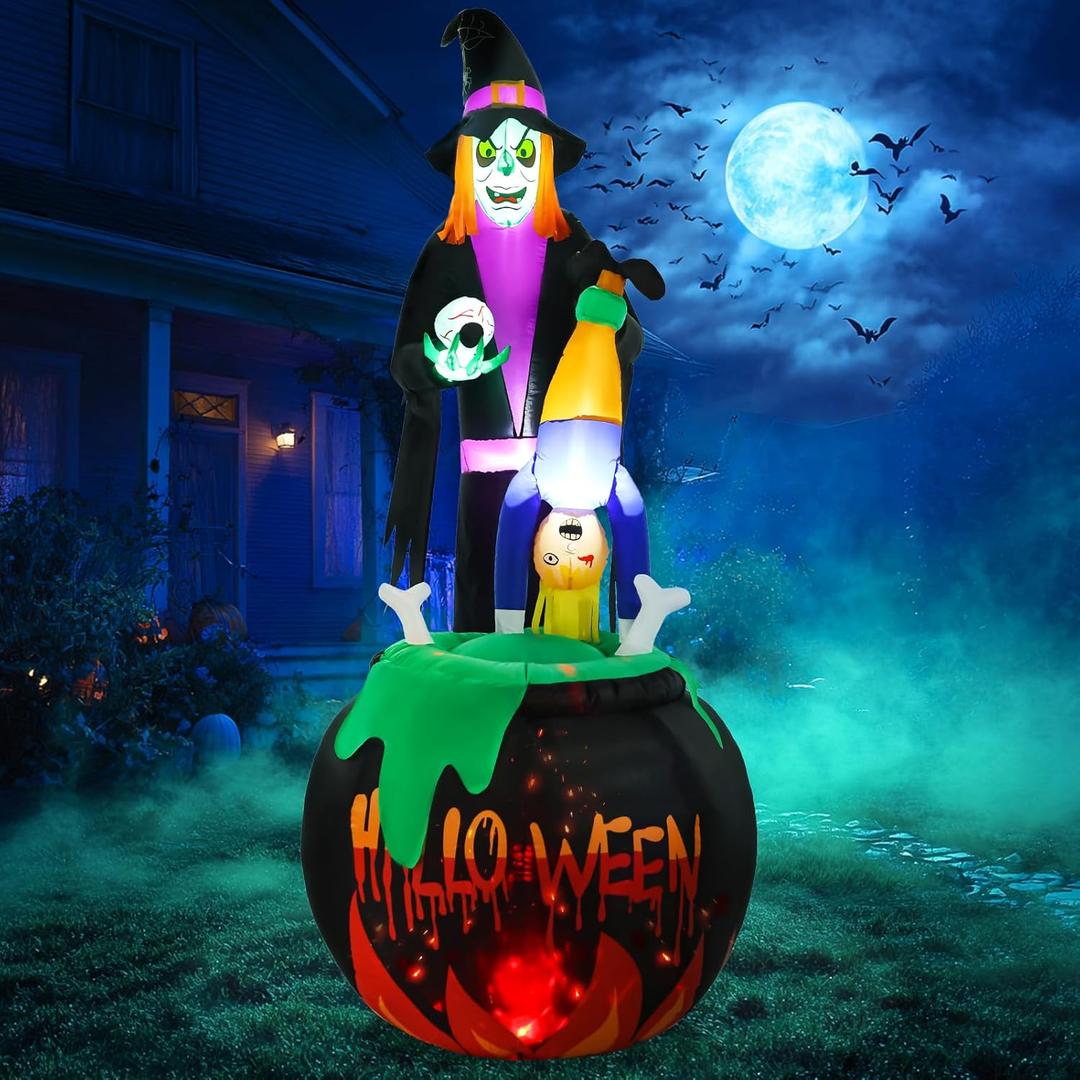 8FT Halloween Inflatable Outdoor Decoration Witch with Cauldron Blow Up Inflatables Pot Halloween Decorations with Build-in LEDs for Home Yard Lawn Garden Party Decor