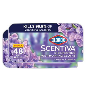 Clorox Scentiva Disinfecting Wet Mop Pad, Disposable Heads, Multi-Surface Floor Wipes, Lavender and Jasmine, 2 Packs, 24 Refills Per Pack