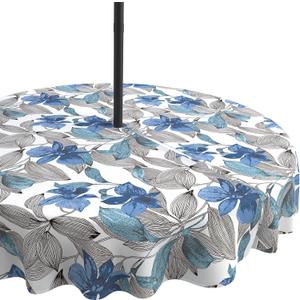 LVTXIII Outdoor Tablecloth with Umbrella Hole and Zipper, 60 Inch Water-Repellent Patio Table Cloth, Round Table Covers for Backyard Garden, Clemens Noir Blue