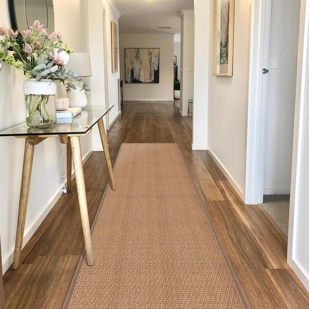 7ft Natural Jute Hallway Runner Rug Non Slip Washable, Rubber Backed Long Indoor Entryway Runner, Absorbent Kitchen Carpet Sink Rug, Camel (2'4" x 7' (Rectangular))