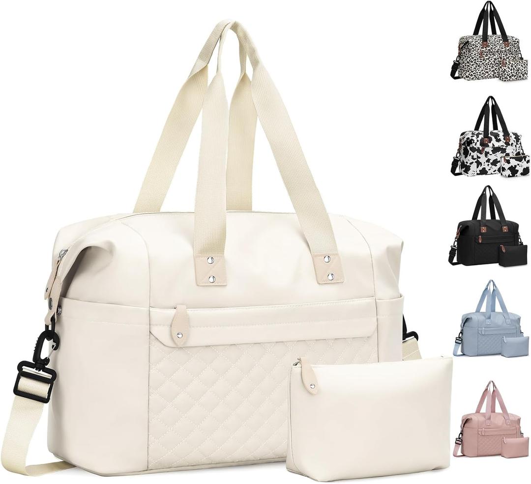 Pritent Travel Duffle Bag, Waterproof Weekender Overnight Hospital Bags for Women Men with Toiletry Bag Lightweight Carry on Personal Item Duffle Gym Bag for Travel, Airplanes, Sports (Medium, Beige)