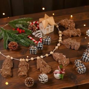 Boho Christmas Garland with Tassel Brown Vintage Christmas Banner Rustic Farmhome Neutral Garland with Wood Beads Pastel Birthday Party Decor Bedroom, Nursery (Hemp Rope Color)