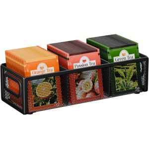 Tea Bag Organizer, Mesh Tea Bag Holder with Handle, Teabag Holder, Tea Station Organizer for Countertop, Pantry, Kitchen, Cabinet - Black (1 Tire)