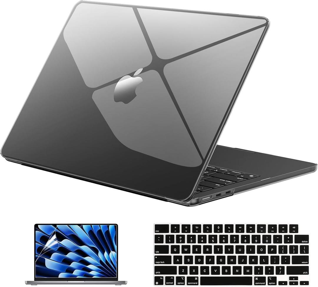 EooCoo Case Compatible with MacBook Air 15 inch M4 2025 2024 2023 Release A3241 M3 A3114 M2 A2941 Liquid Retina Display, Plastic Hard Shell Case + Keyboard Cover + Screen Protector, Crystal Black
