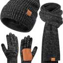 Winter Hat Gloves Scarf Set for Men Women, Mens Beanie Long Scarf Touchscreen Gloves for Cold Weather, 3 in 1 Warm Gift Set (Mix-black)