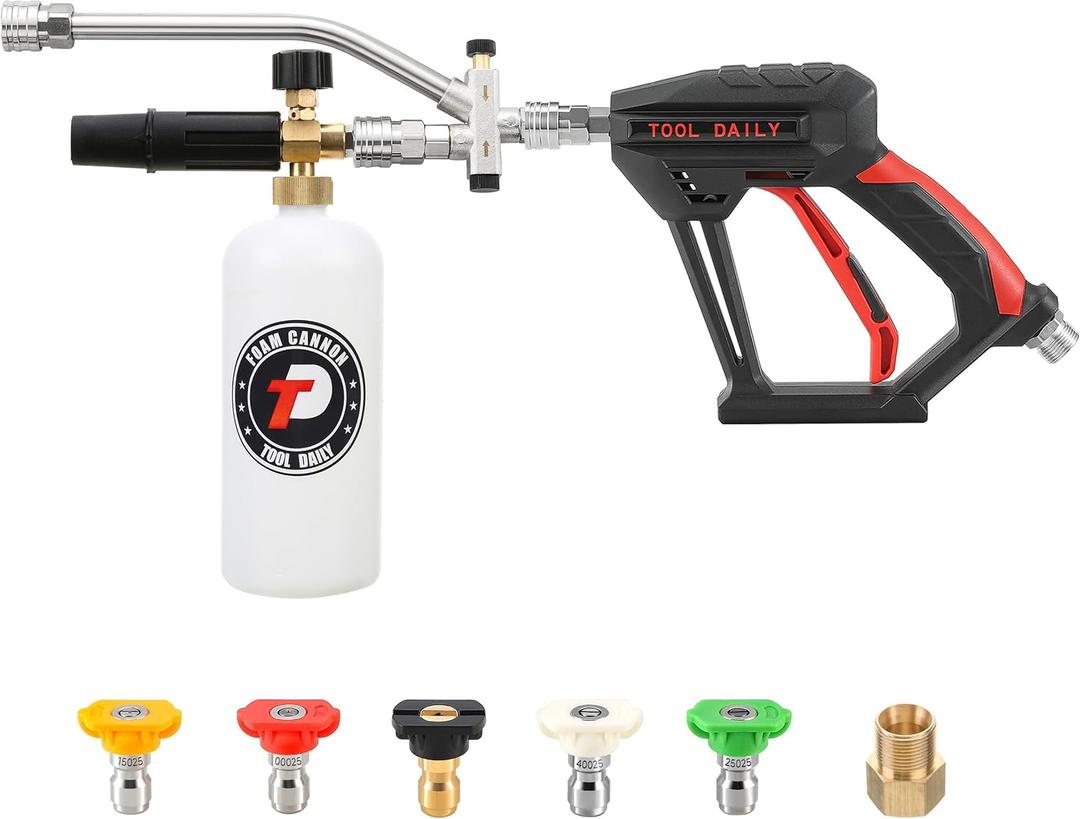 Tool Daily Short Pressure Washer with Foam Cannon, Dual Connector Accessory, 1/4 Inch Quick Connect, 5 Spray Nozzle Tips, 1 Liter