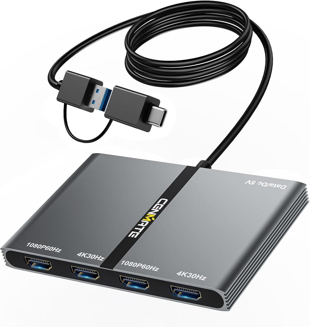 CENMATE USB A/C 3.0 to 4xHDMI Adapter Support Mirror/Extend Mode Compatible with Mac/Win,5-in-1 USB C Docking Station(4K30Hz x2+1080P60Hz x2+Type C 3.0), 4 Monitor Docking Station with 4 HDMI
