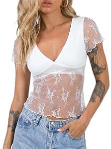 CSDAJIO Women's Deep V Neck Lace Top Short Sleeve Sexy See Through Top Tie Back Fitted T Shirt White Large
