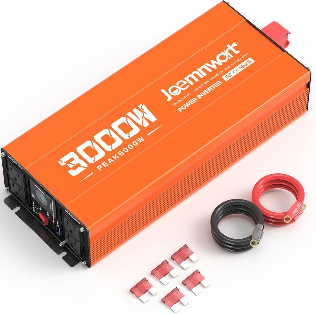 3000W Power Inverter 12V DC to 120V AC Car Converter for RV Truck Inverter with 4 AC Outlets, USB/Type-C Fast Charging Ports, LCD Display