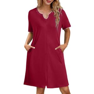 Ekouaer Zipper Robes for Women Knee Length Bathrobe Lightweight Housecoat Short Sleeve Nightgown with Pockets S-3XL (Medium, Wine Red With Pink)