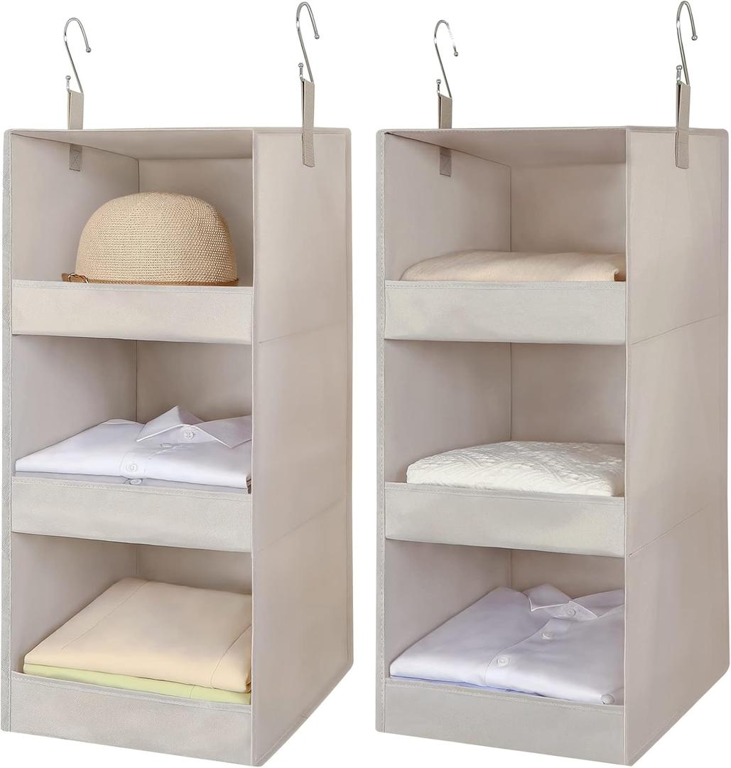 3-Shelf Hanging Closet Organizer 2 Pack, Thickened Fabric Hanging Shelves, Closet Organization, Hanging Organizer for Kids, Hat, Bag, RV, Nursery, Sweater, 12.2" Wx 12.2" Dx31 H, Beige