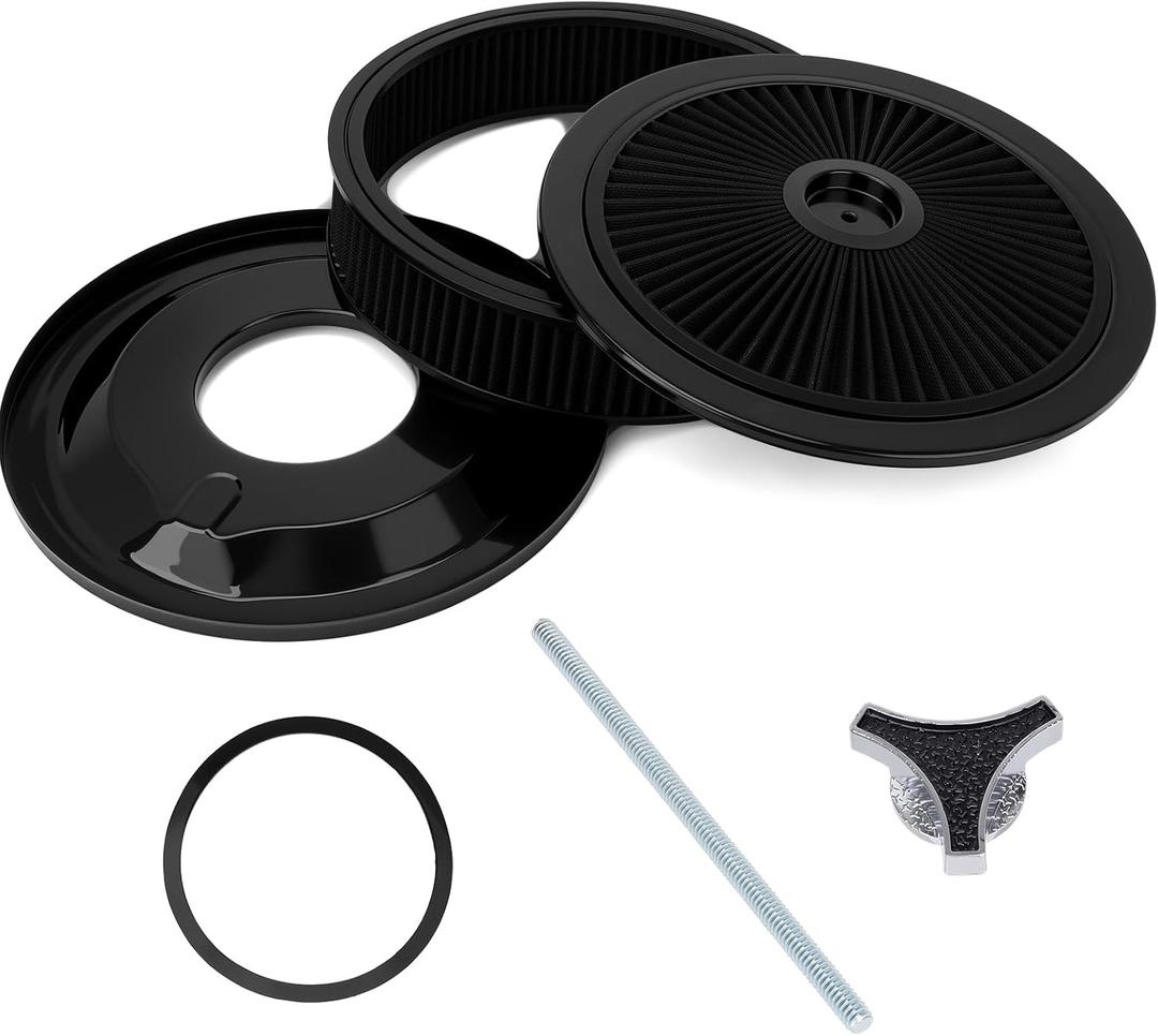 14"x3" High Flow Round Air Cleaner Filter Assembly Kit Compatible with GMC Chevy Ford Chrysler Dodge V8, for Carburetor 5-1/8" Carb Neck, Flow-Thru Lid, Washable and Reusable, Black Chrome
