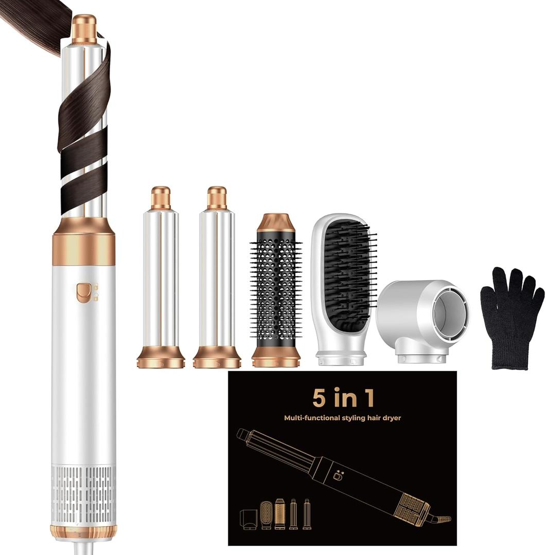 5 in 1 Hair Dryer Brush Set,Professional Negative Ionic Hot Air Styler, Air Curling Wrap Styler,Detachable Blow Dryer Brush With Auto Wrap Curlers,Hair Styling Tools For Straight/Curl/Drying/Smoothing (White)