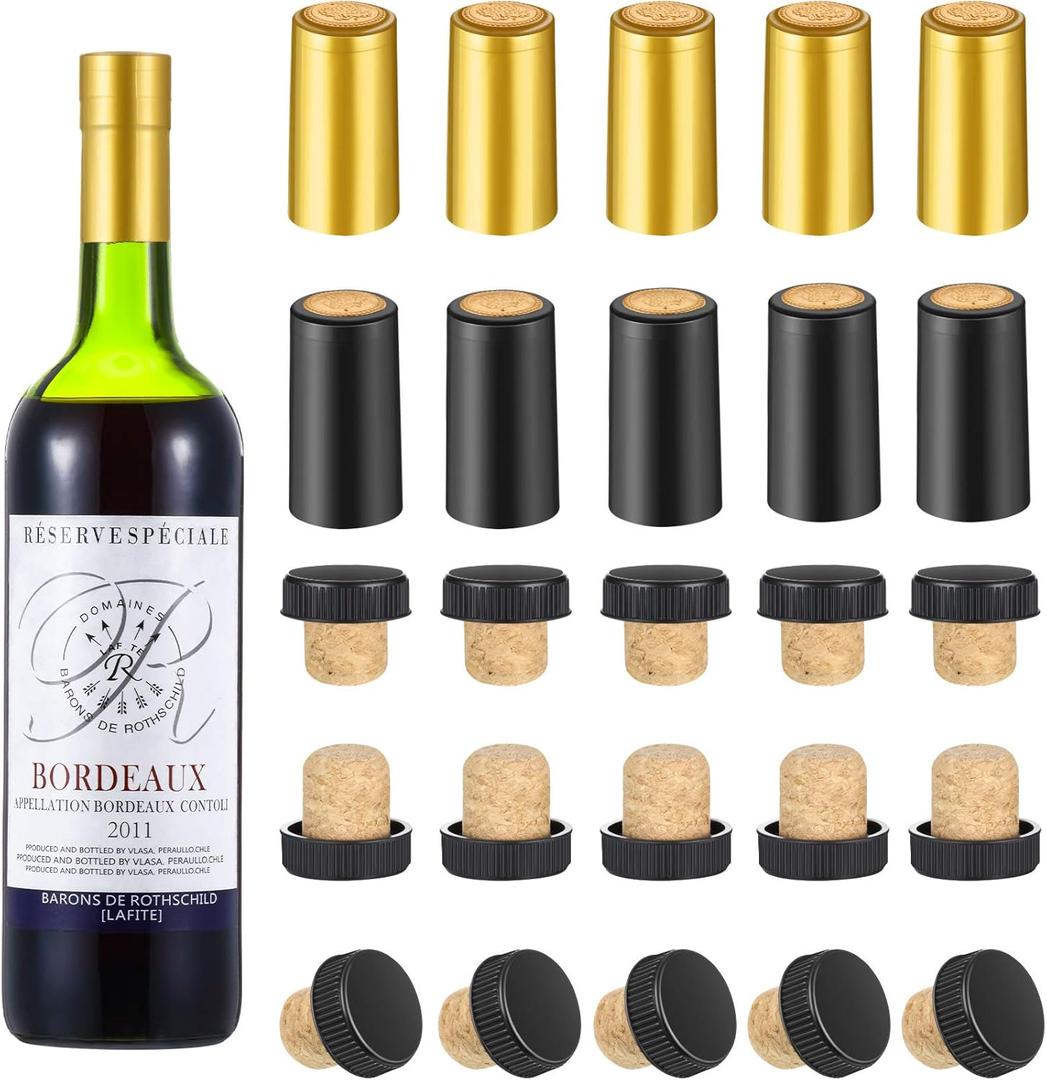 Blulu 49 Pack Wine Sealer for Wine Bottles, 50 Pcs Cork Stoppers and 50 Pcs PVC Heat Shrink Capsules Bottle Resealer Kit for Cruise Home Cellars Wedding Christmas Party(Gold, Black)