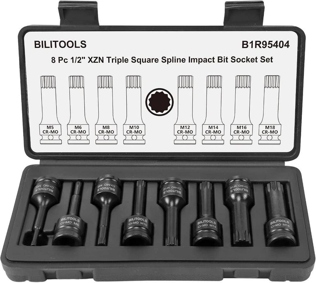 BILITOOLS 8-Piece Impact XZN Triple Square Spline Bit Socket Set 1/2 inch Drive, M5-M18, Cr-Mo Steel