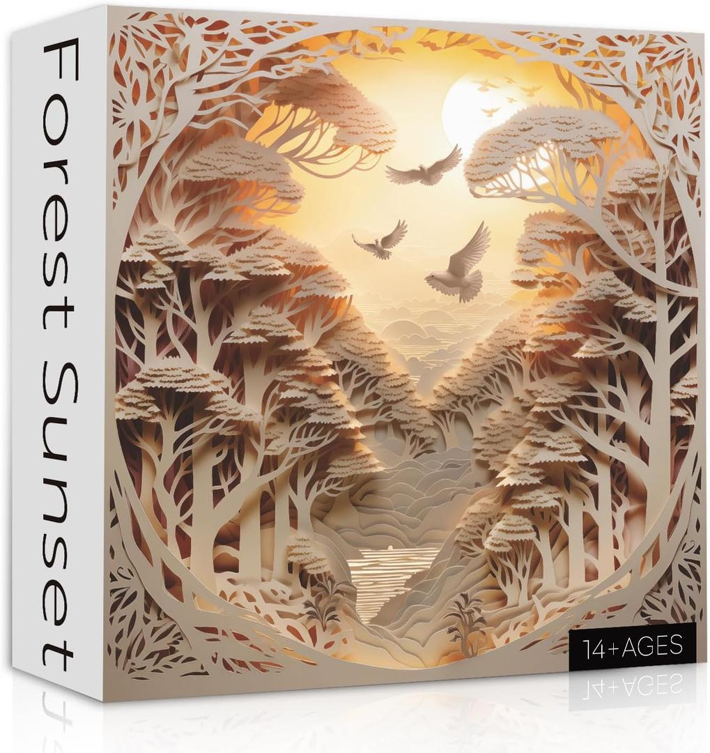 Forest Sunset Puzzles for Adults 1000 Pieces, Difficult Challenge Tree of Life Jigsaw Puzzles, Autostereoscopy River Scene Paper Art Puzzles as Wall Decor