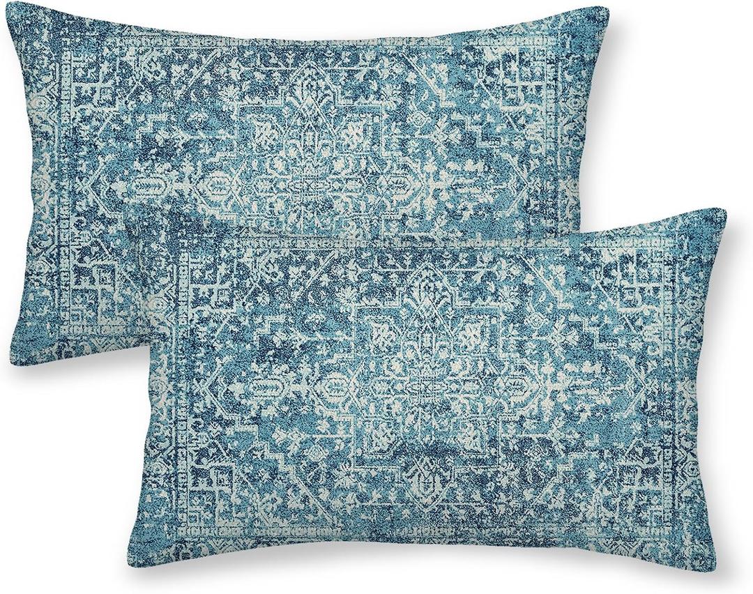 Boho Pillow Covers 12x20 Set of 2, Teal Carpet Pattern Decorative Throw Pillows Linen Ethnic Design Farmhouse Cushion Pillow Covers for Sofa Couch Outdoor