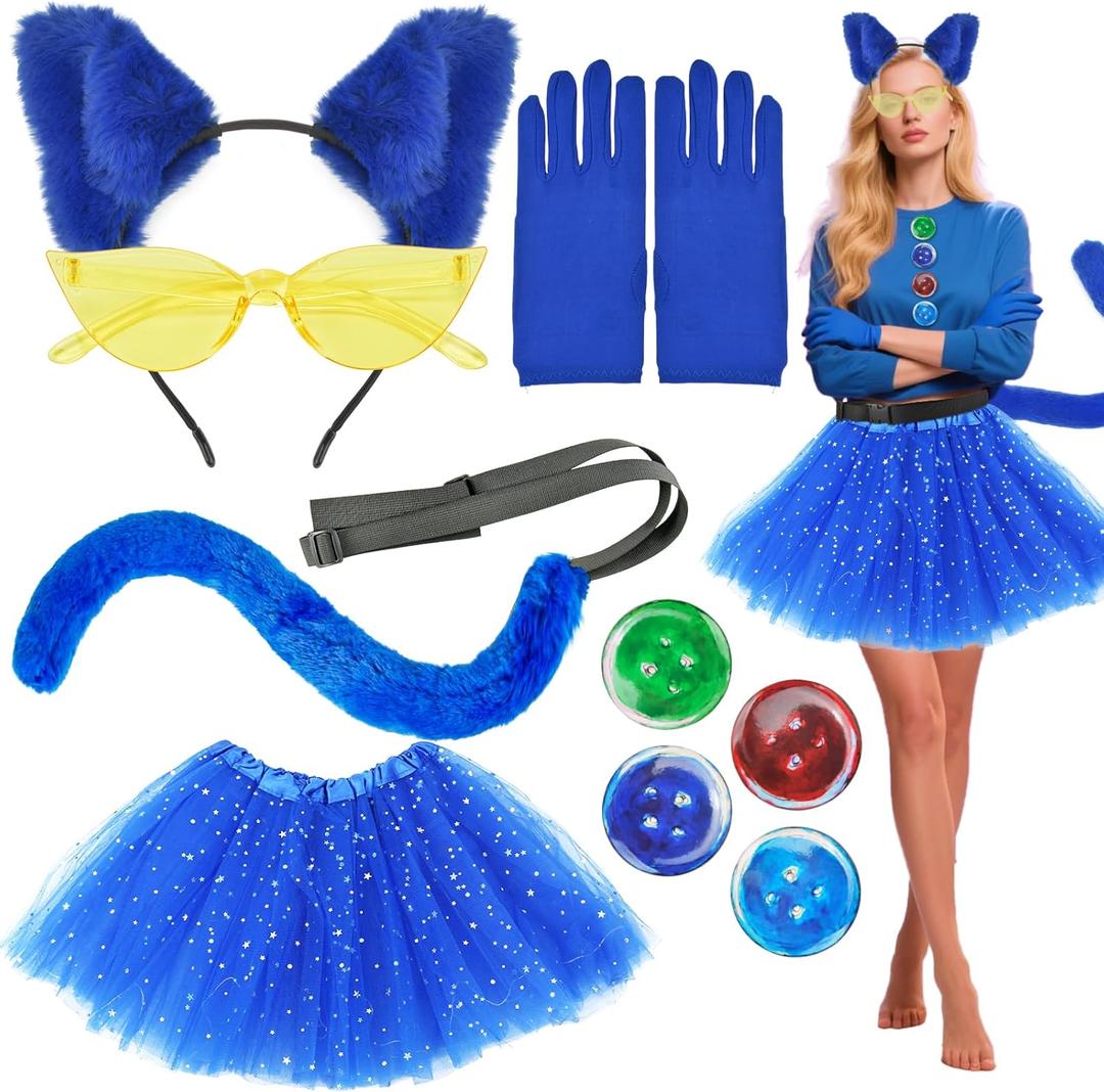 Pete Blue Cat Costume Accessories for Woman with Cat Ears Headband Pin Skirt Furry Tail Gloves for Halloween Book Character Day, One Size