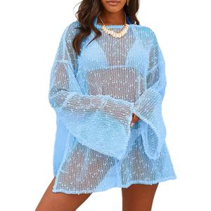 Lilosy Sexy Crochet Sheer Kaftan Caftan Beach Dress Bathing Suit Swim Coverup Summer Vacation Outfits One Piece, XX-Large, Light Blue