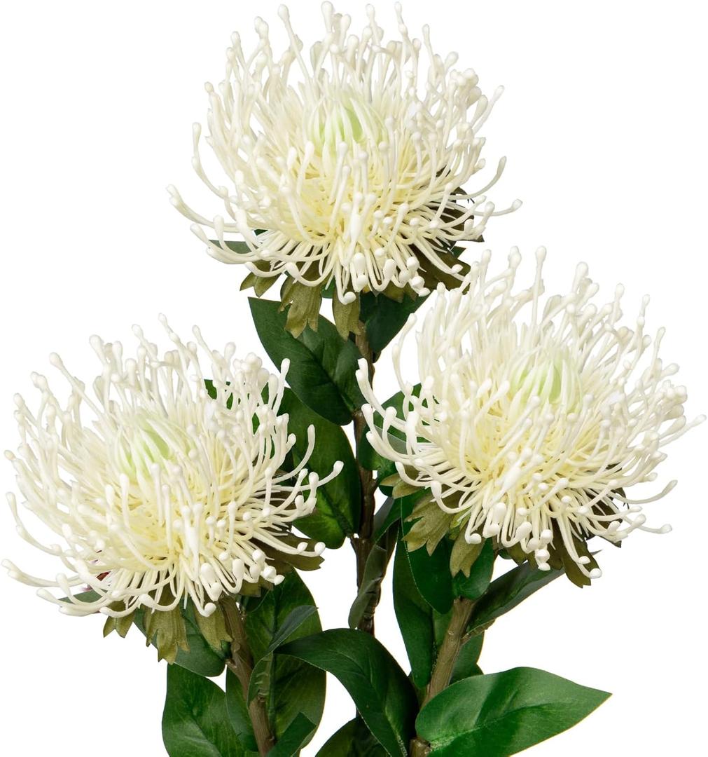 Hollyone 3Pcs White Artificial Flowers Mums Spider Mum Flower Fall 28.3'' Long Stem Fake Chrysanthemum Flowers Leucospermum Cordifolium Arrangement Faux Pincushion Flower for Office Bouquet Home Decor