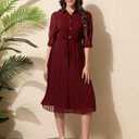 Women V Neck 3/4 Sleeve Pleated A-Line Dress with Belt Swing Midi Dresses for Spring Summer Autumn (L)