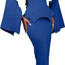 Voghtic Women Peplum Bodycon Pencil Dress Business Office Wear to Work Sheath Dress v Neck Ruffle Sleeve Church Dresses (3X-Large, Blue)