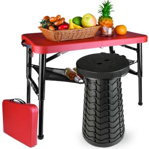 Portable Folding Table and Stool Set, Lightweight Foldable Table & Collapsible Stool for Camping Picnic Beach Fishing, Sturdy Small Outdoor Set with Mesh Layer Storage, round, 29-inch diameter, 19.7-inch height