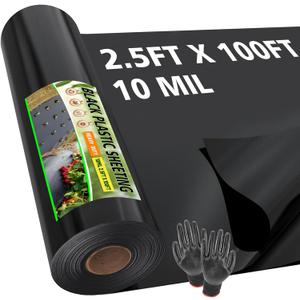 10 Mil Black Plastic Sheeting Heavy Duty, 2.5ft x 100ft LLDPE Vapor Barrier for Crawl Space Encapsulation, Moisture Barrier Film for Basement, Landscaping, Greenhouse & DIY (with Gloves)