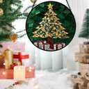Stained Glass Window Hanging - Golden Christmas Tree Suncatcher for Doors Home Christmas Decoration Winter Sun Catcher Thanksgiving New Year Birthday Gifts for Women Men Mom Nana Girl 9.8 in (Green and Gold)