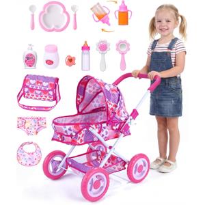 BABESIDE Baby Doll Stroller Set, 10-Piece Portable Doll Stroller with Baby Doll Accessories for Pretend Play, Feeding & Care Playset for Girls 3+, Fits 12-Inch Dolls (Doll Not Included)