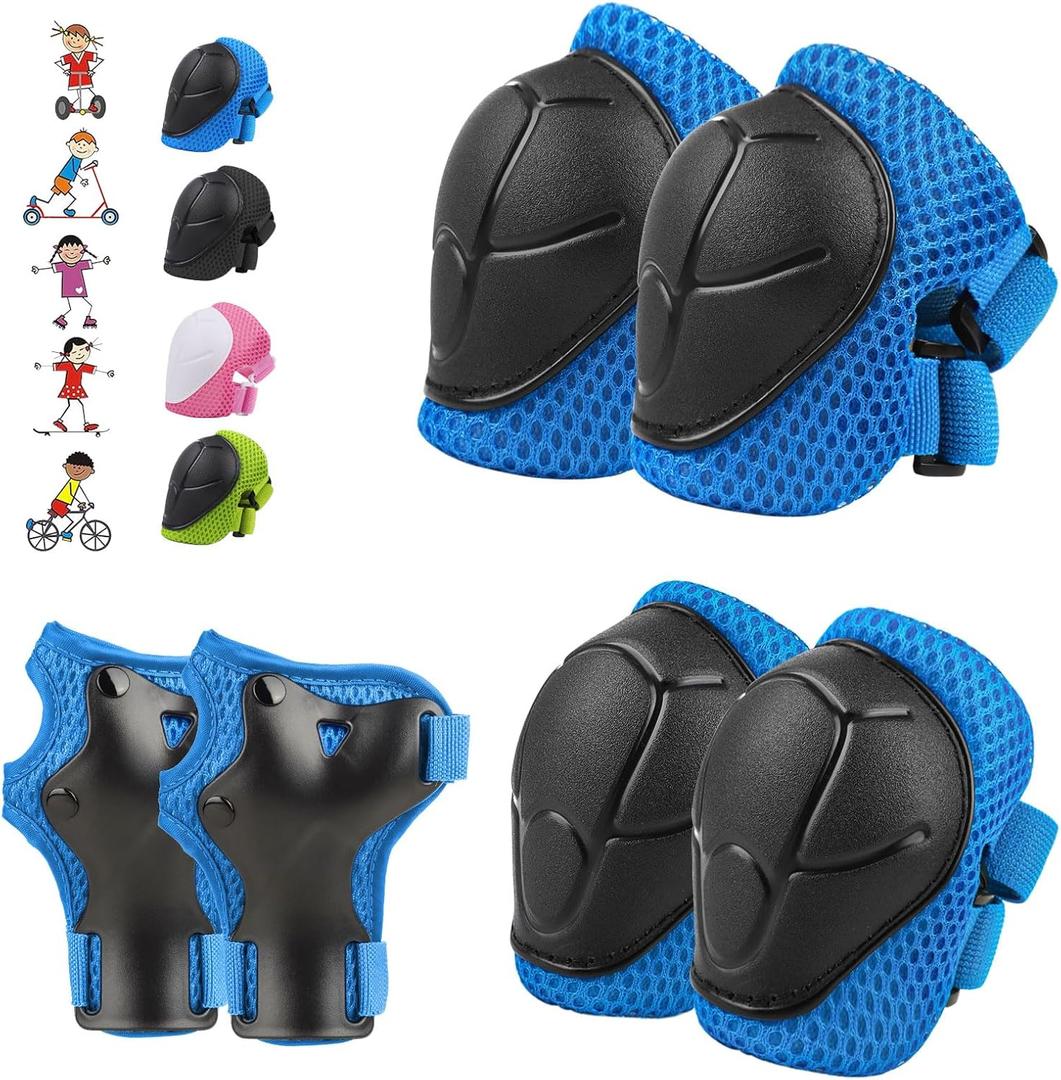 WayEee 6PCS Kids Protective Gear Set, Knee Pads for Kids 3-14 Years Old, Toddler Knee Pads and Elbow Pads, Wrist Guards Set, Skating Cycling Bike Rollerblading Scooter, Upgraded & Durable Material (Blue)