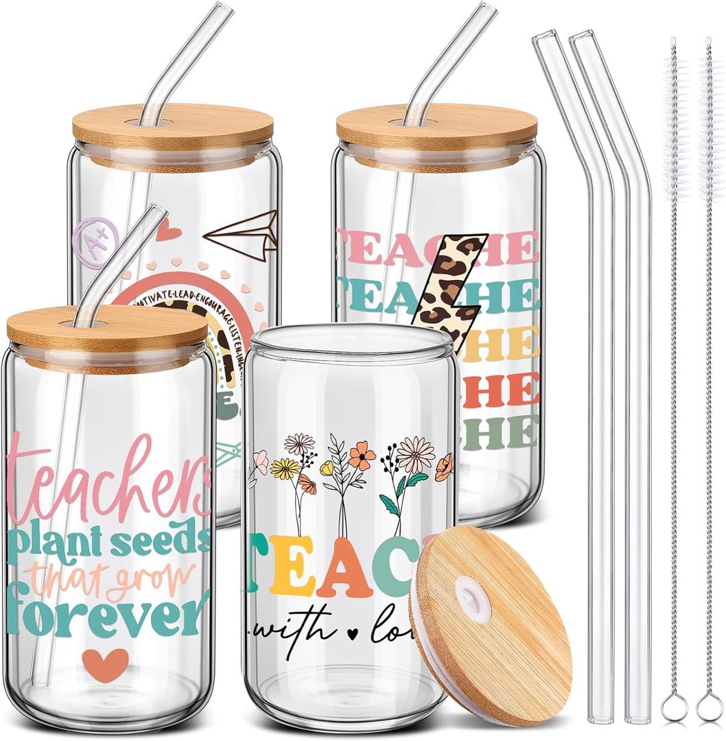 SiliFine 4 Pcs End of Year Teacher Gifts 16 oz Teacher Glass Cups with Lid and Straw Thank You Coffee Cup Teachers Can Shape Drinking Tumbler for Teachers End of Year Graduation Party Favors