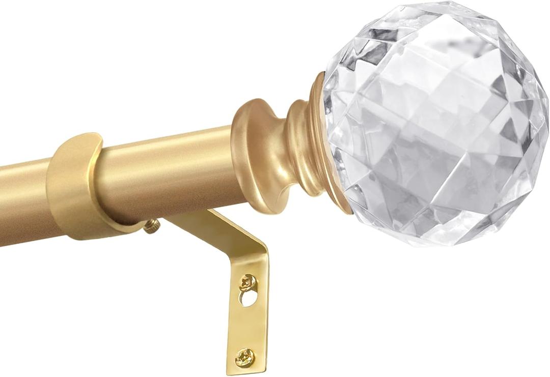 Exquisite Gold 46-148Inch Adjustable 1in Steel Curtain Rod with Acrylic Finials. Crystals ball Transparent diamond, Easy to Install, Suitable for Bedroom and Living Room kitchen and hotel