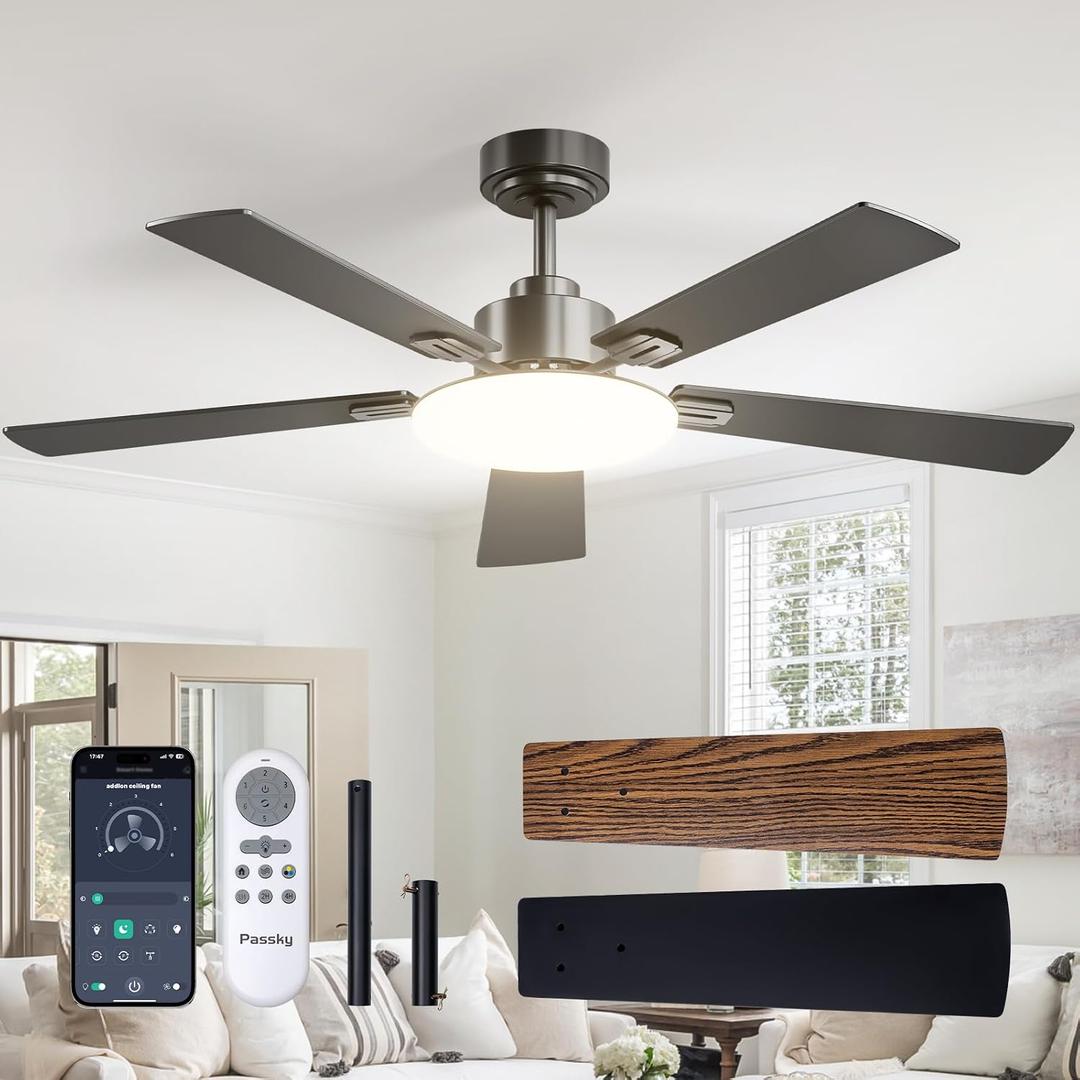 Passky 52 Inch Black Sleek Ceiling Fans with Lights, Remote Control | 3-color dimmable light, quiet reversible DC motor, easy install, memory, Timer, APP, bedroom, covered outdoor areas